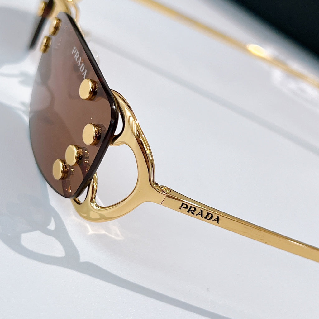 Prada glasses close-up with brown-tinted lens and gold-tone metal frame