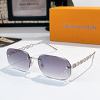 Louis Vuitton sunglasses with purple-tinted lenses, silver frame and chain arms