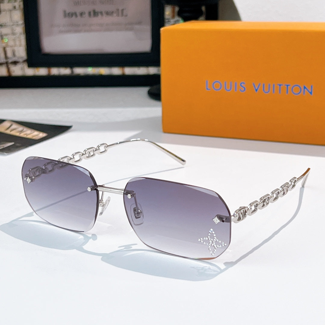 Louis Vuitton sunglasses with purple-tinted lenses, silver frame and chain arms