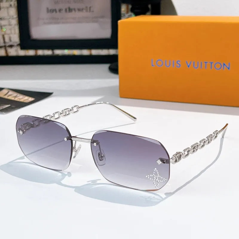 Louis Vuitton aviator sunglasses with silver frame, purple gradient lenses, chain temples
