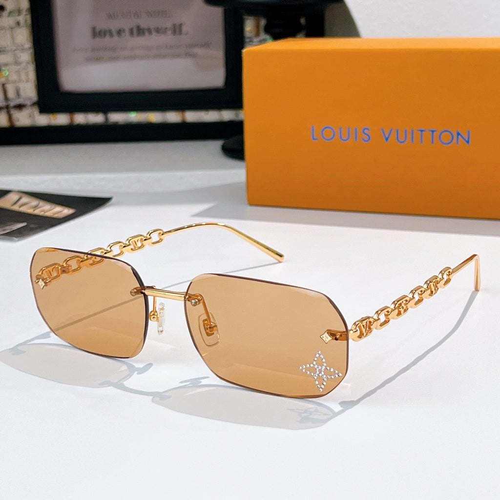 Louis Vuitton sunglasses with amber-tinted lenses, gold frame and chain arms