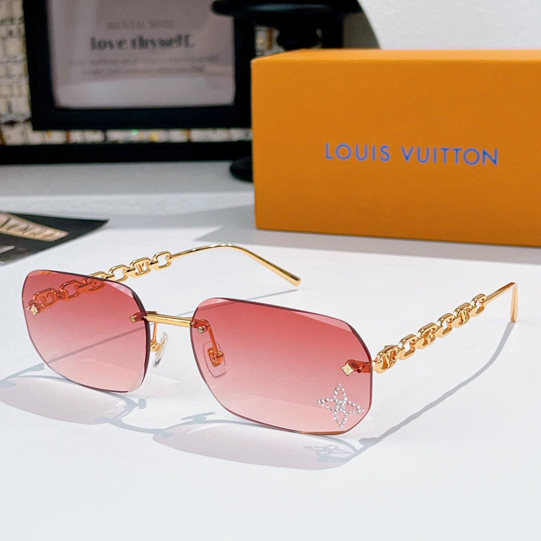 Louis Vuitton sunglasses with pink-tinted lenses, gold frame and chain arms