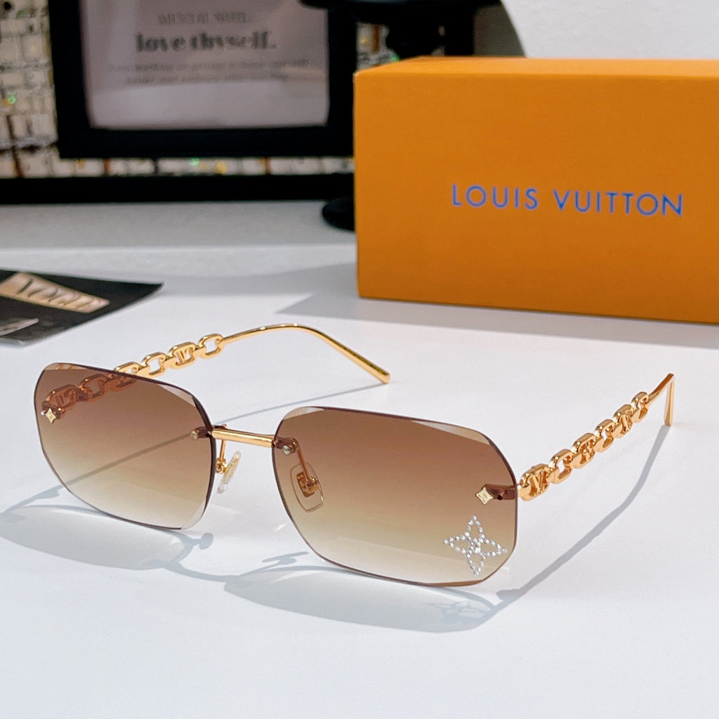 Louis Vuitton sunglasses with light brown-tinted lenses, gold frame and chain arms