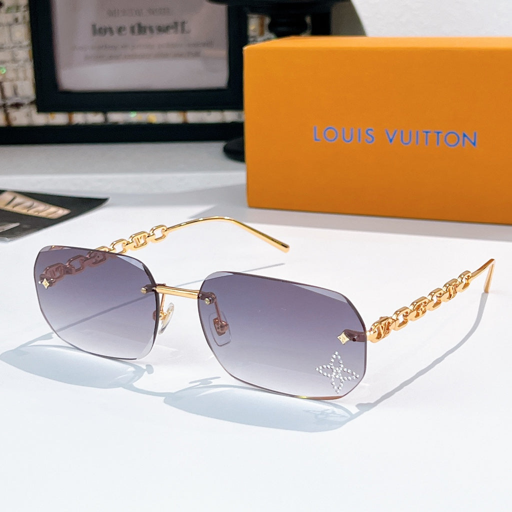 Louis Vuitton sunglasses with dark purple-tinted lenses, gold frame and chain arms