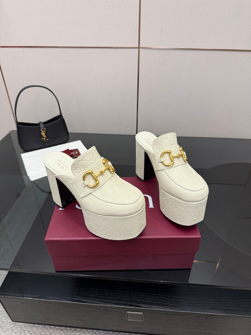 Gucci women’s platform mules, cream with gold buckle and chunky block heel