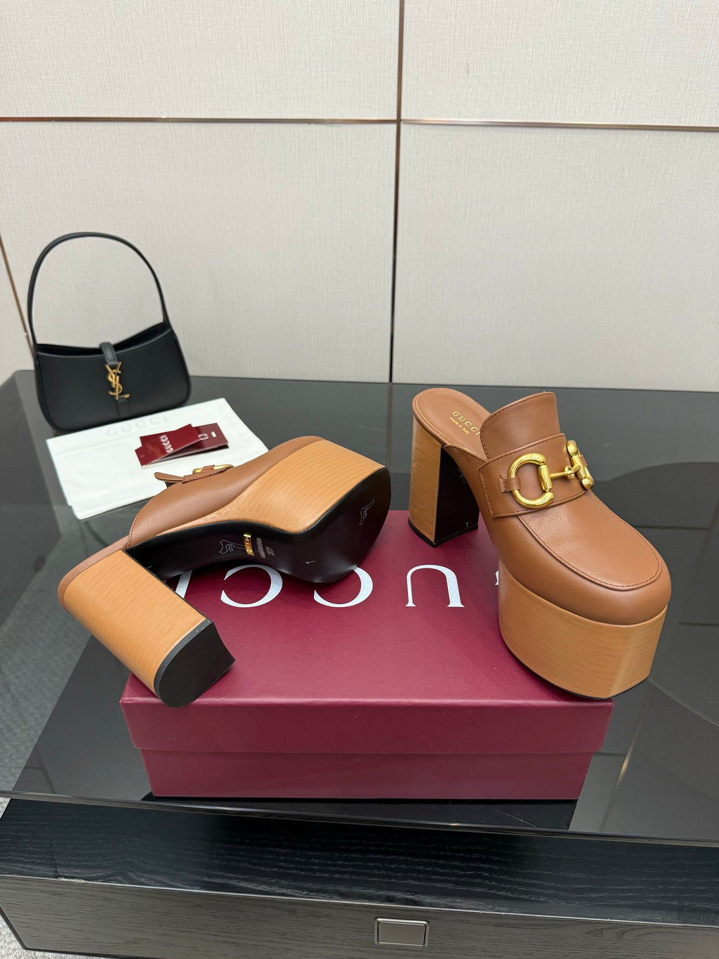 Gucci platform mules, tan leather with gold Horsebit buckle, heel and sole view