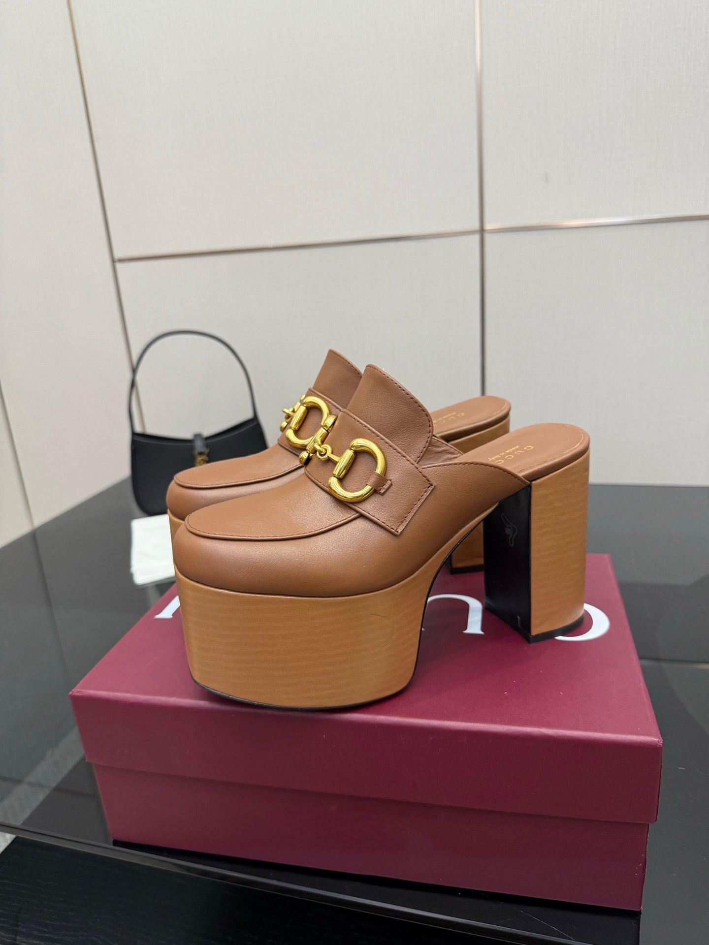 Gucci platform mules, tan leather with gold Horsebit buckle, side view
