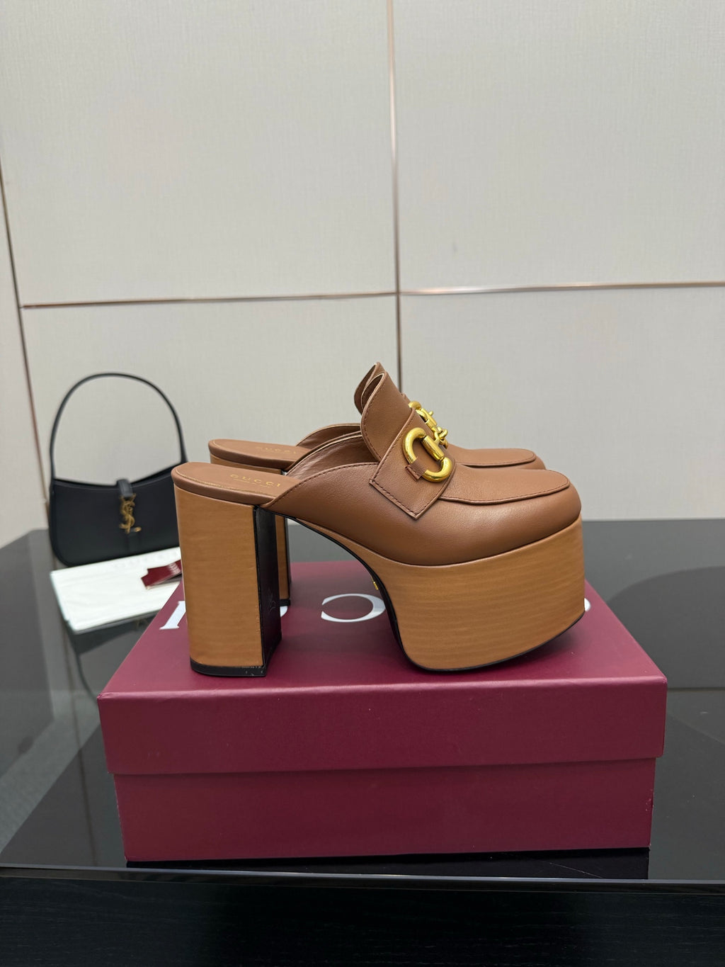 Gucci platform mules, tan leather slide with gold Horsebit buckle and chunky heel