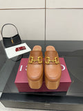 Gucci platform mules, tan leather with gold Horsebit buckle