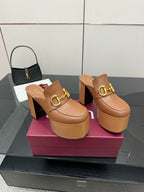 Gucci platform mules, tan leather and gold Horsebit buckle on raised platform
