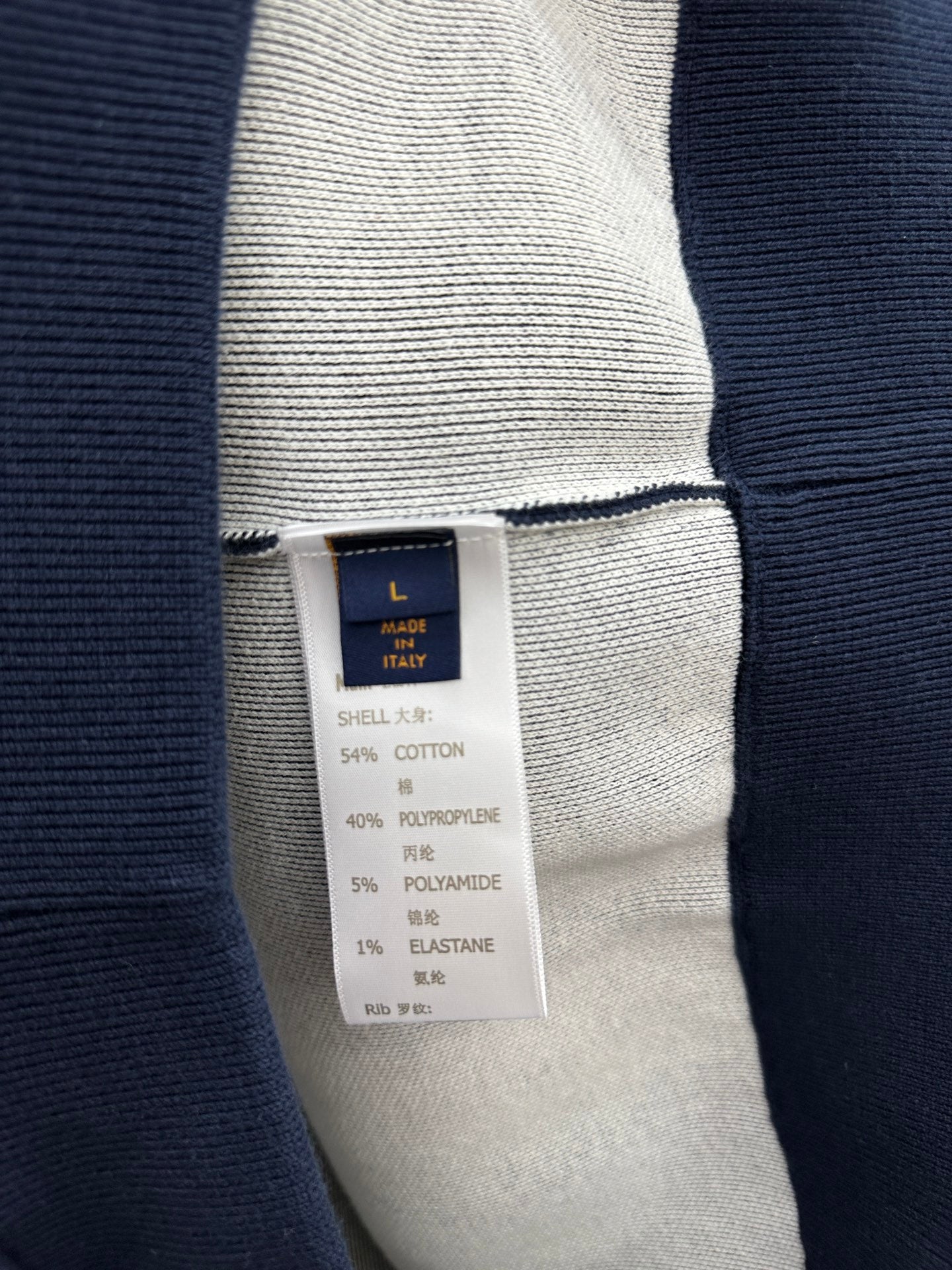 Inside clothing label showing Made in Italy and fabric blend details