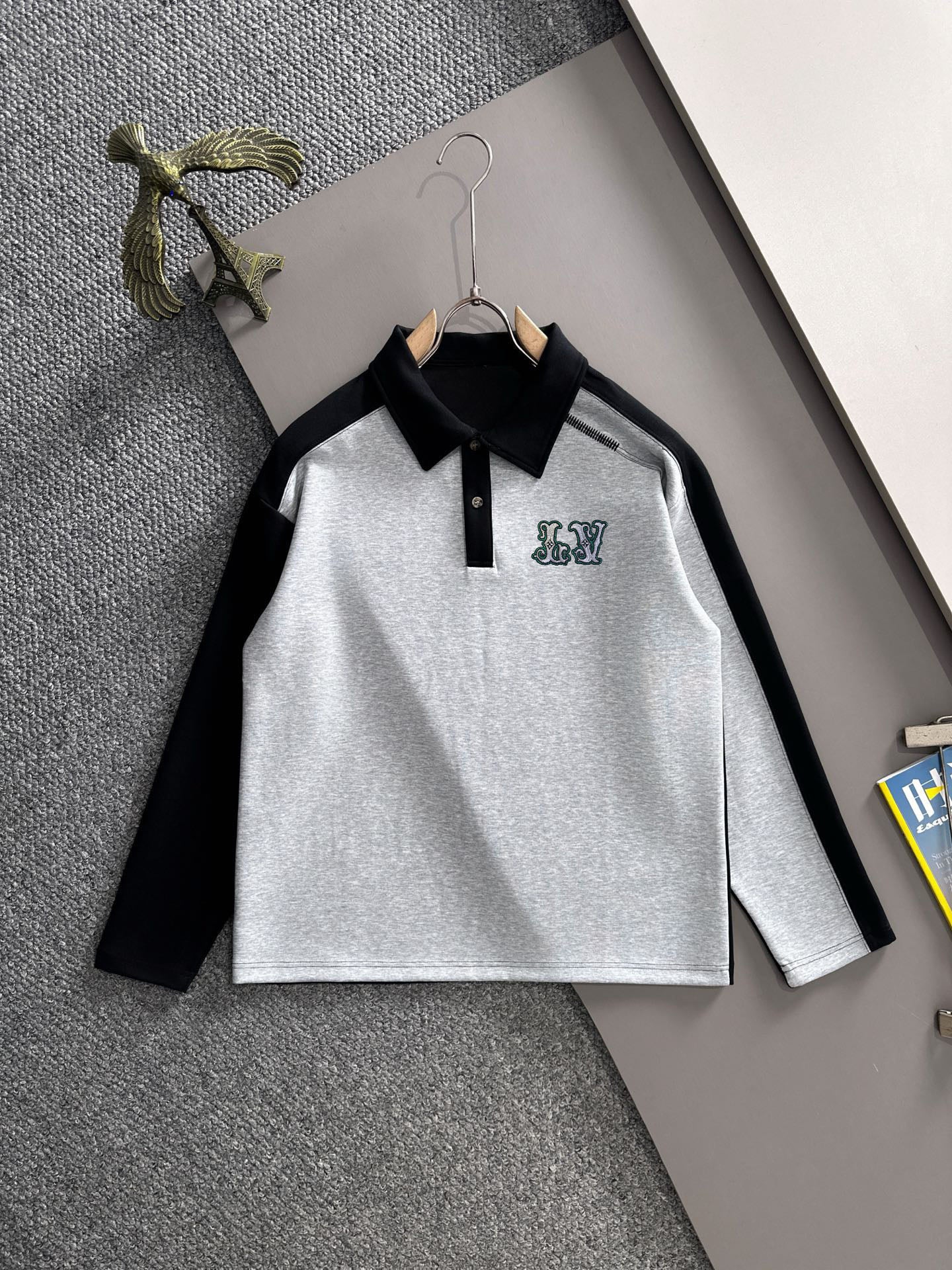 Louis Vuitton two-tone long-sleeve shirt with black collar and grey body, front view