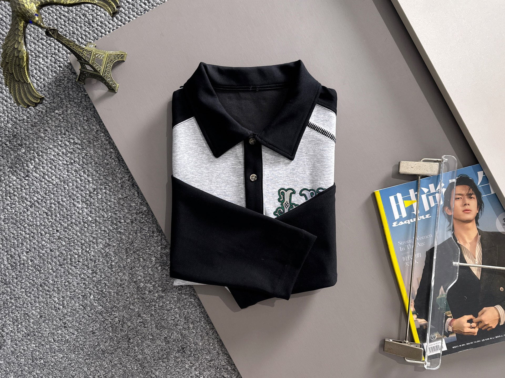 Louis Vuitton two-tone long-sleeve shirt with black collar and grey body, flat lay