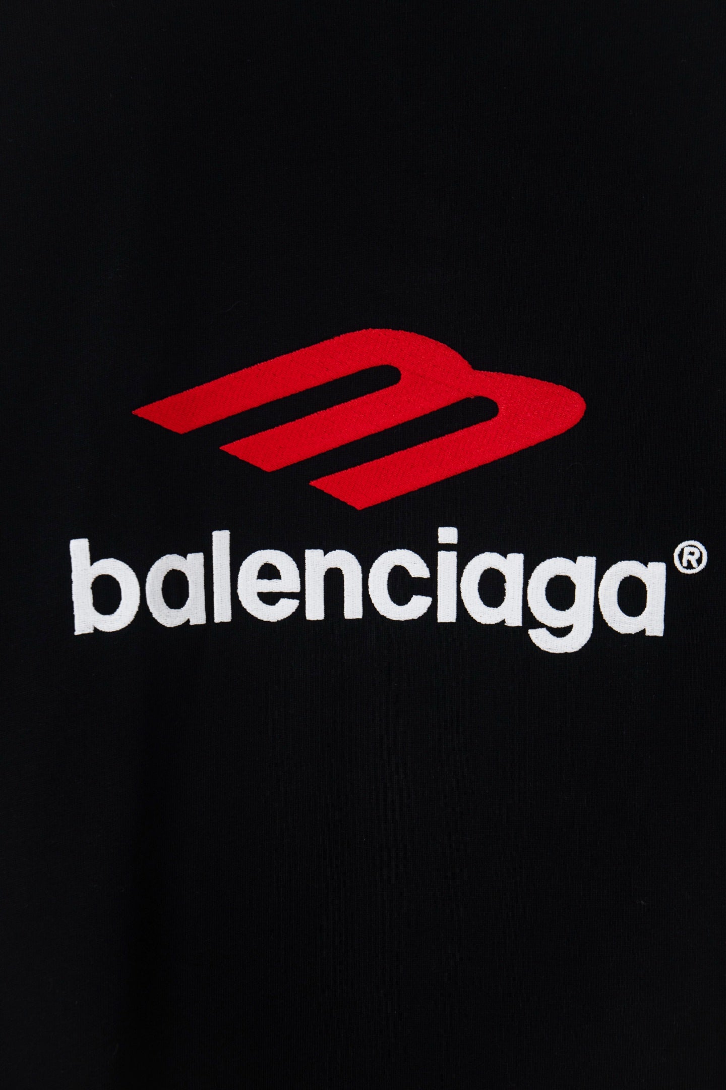 Black long-sleeve T-shirt with red and white Balenciaga chest logo