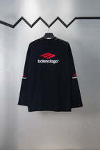Black long-sleeve T-shirt with red Balenciaga logo, side view