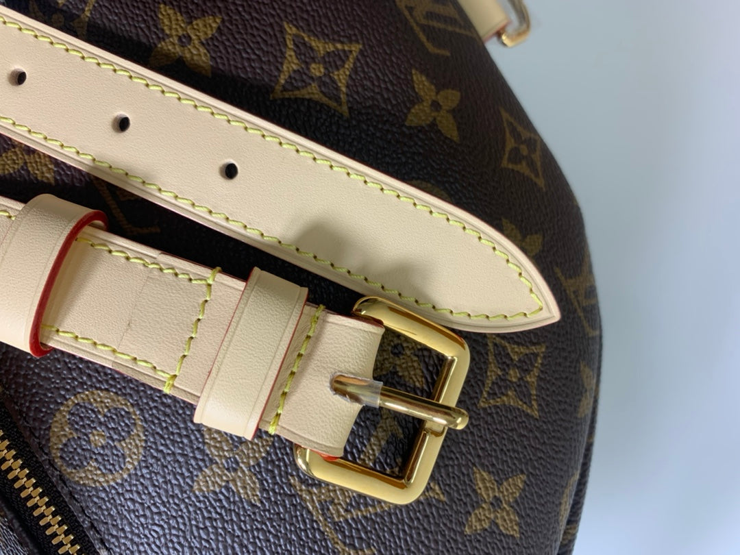 Louis Vuitton monogram bag strap buckle with beige trim and gold clasp, close-up.