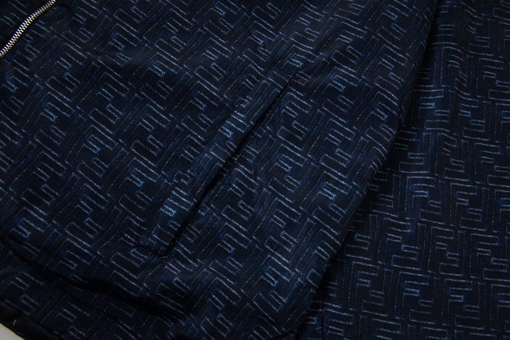 Navy jacket fabric with raised geometric pattern texture