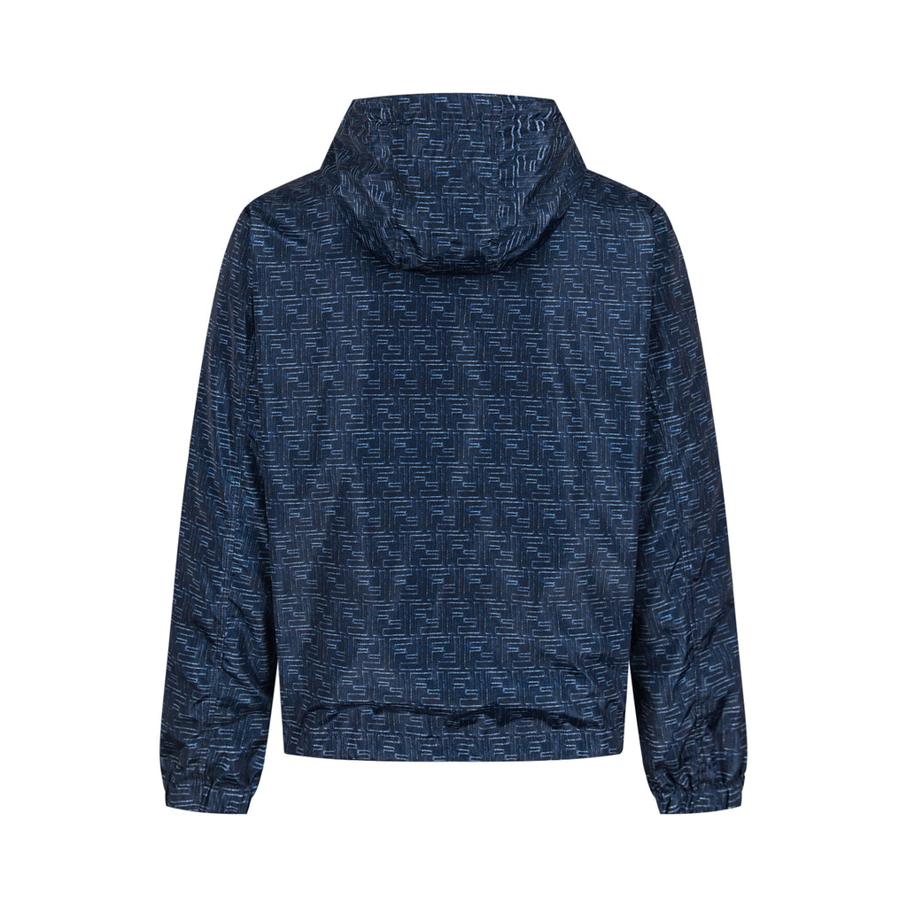 Navy blue hooded zip-up jacket, back view with all-over geometric pattern