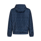 Navy blue hooded zip-up jacket, back view with all-over geometric pattern