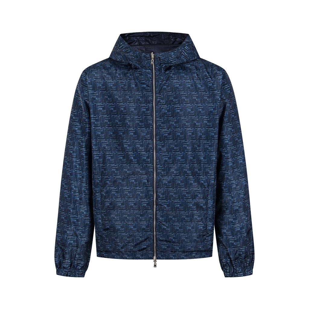 Navy blue hooded zip-up jacket with all-over geometric pattern
