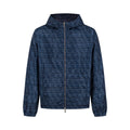 Navy blue hooded zip-up jacket with all-over geometric pattern