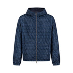 Navy blue hooded zip-up jacket with all-over geometric pattern