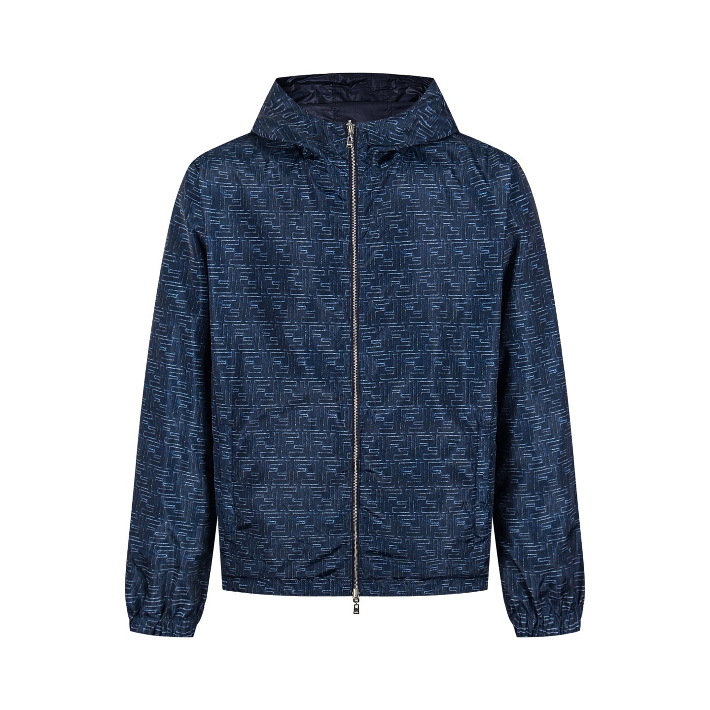 Navy blue hooded zip-up jacket with all-over geometric pattern