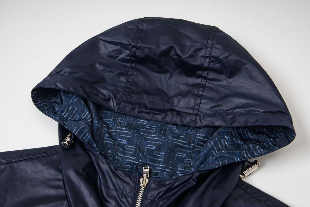 Navy hooded jacket with drawstring hood and zipper at center front