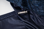 Navy jacket zipper and collar snap with metal pull tab