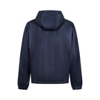 Navy hooded jacket back view with adjustable hood and ribbed cuffs