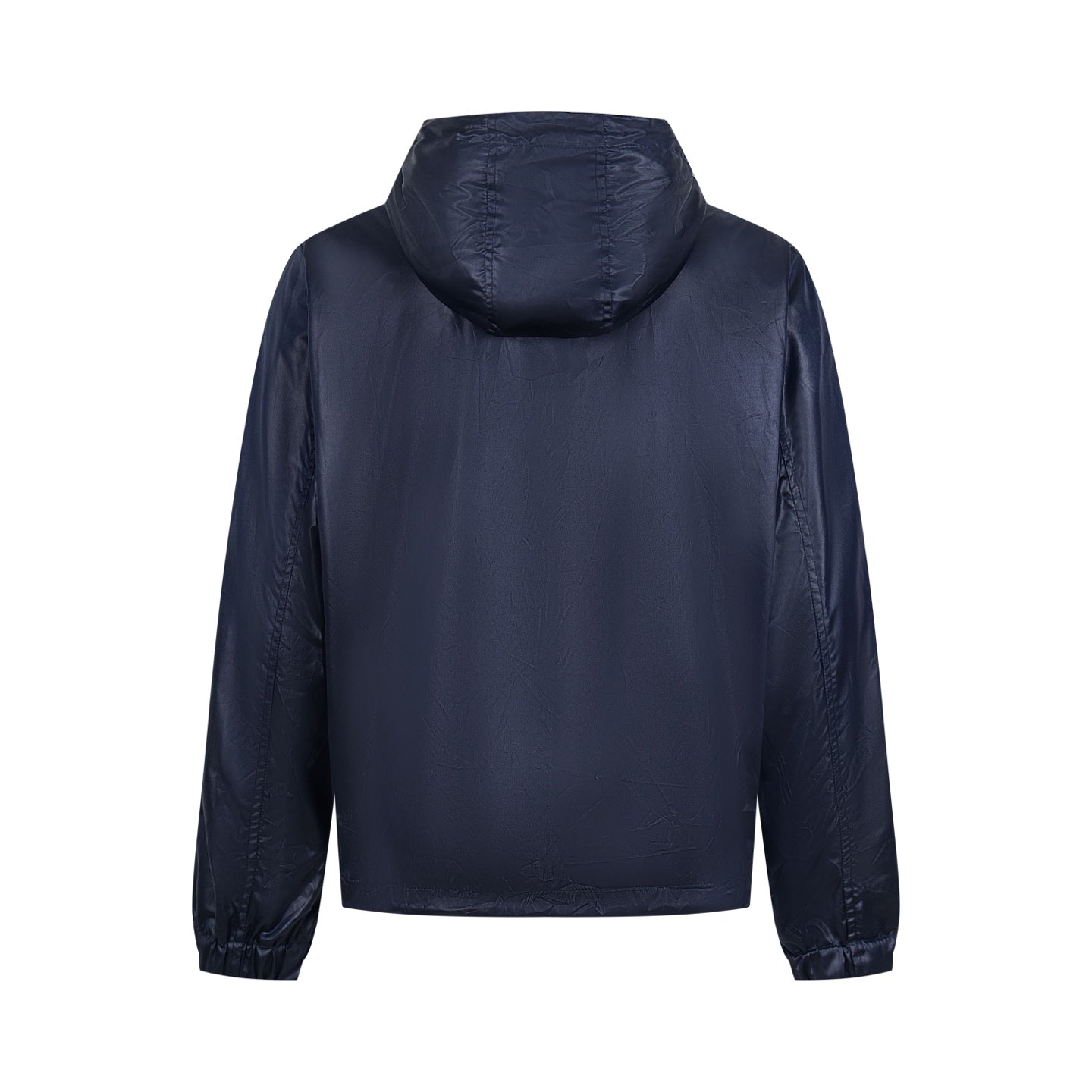 Navy hooded jacket back view with adjustable hood and ribbed cuffs