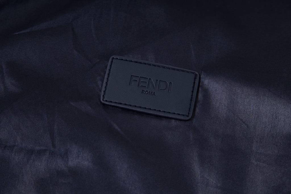 FENDI Roma logo patch on navy hooded jacket