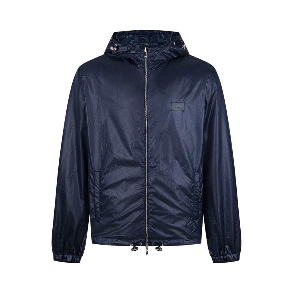 Navy hooded jacket with front zipper and drawstring hood, FENDI logo patch