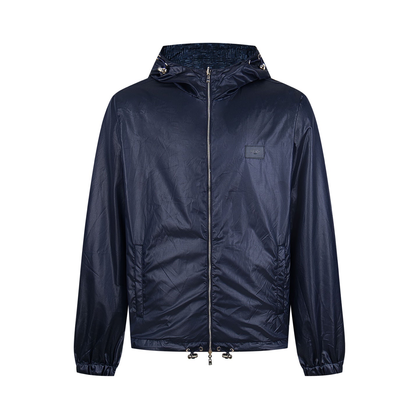 Navy hooded jacket with front zipper and drawstring hood, FENDI logo patch