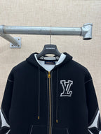 Zip-up hoodie with hood, gold zipper, and white LV-style logo on the chest