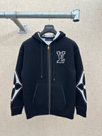 Zip-up hoodie with hood, dark knit, gold zipper, and LV-style chest logo patch