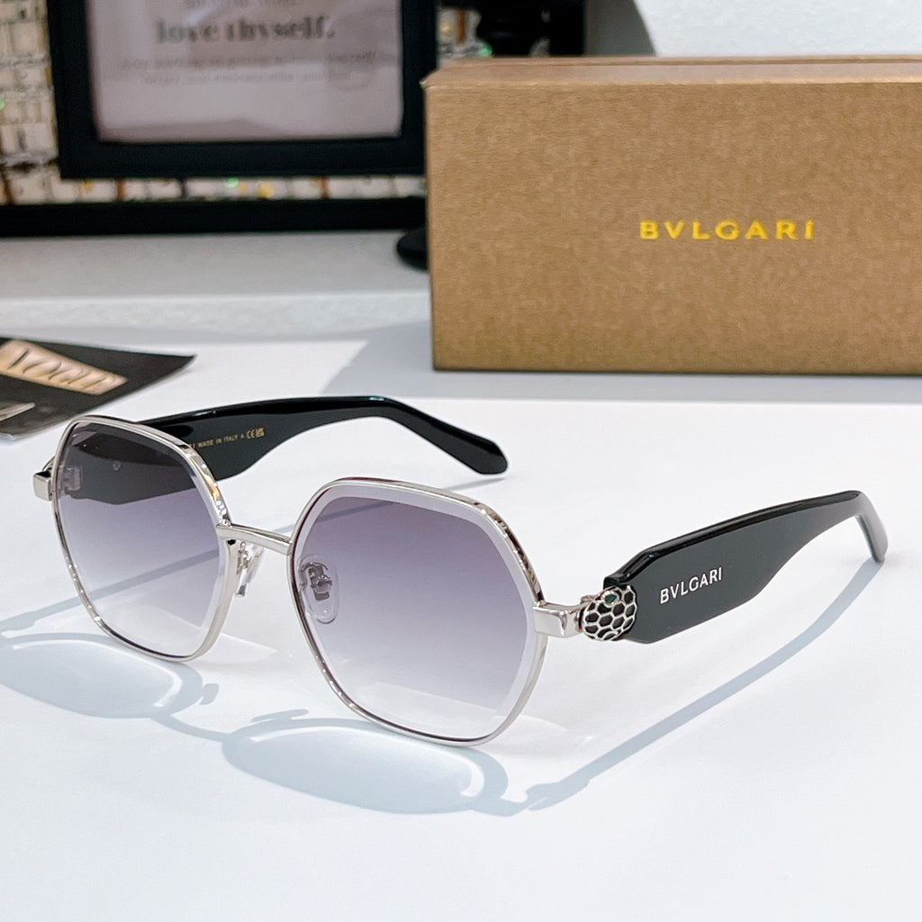 Silver-tone square sunglasses with dark lenses and black patterned temple arms