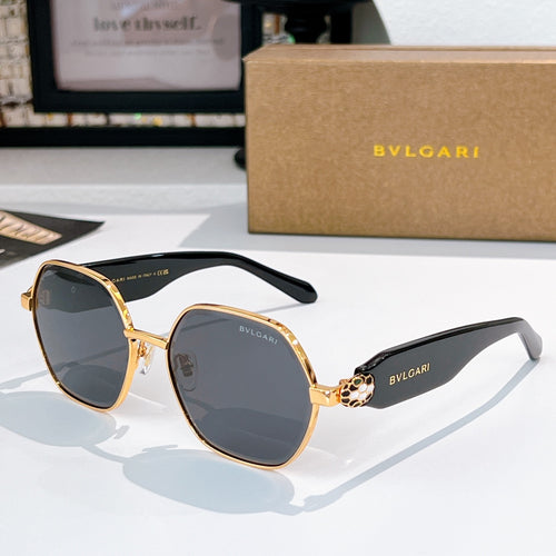 Gold-tone square sunglasses with dark gray lenses and black temple arms