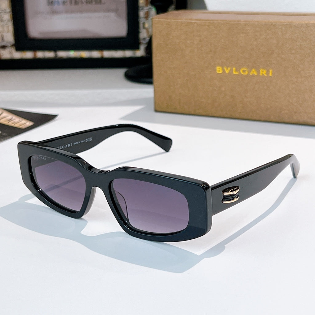 Bvlgari sunglasses, black frame side profile with gold logo detail