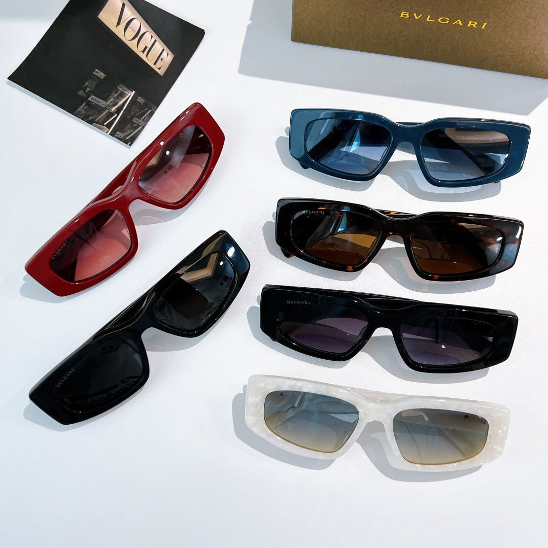 Bvlgari sunglasses assortment in red, blue, black, tortoiseshell, and white