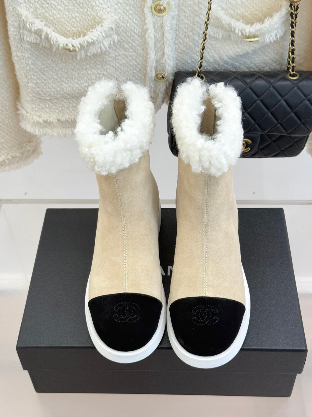 Chanel ladies beige suede ankle boots with black suede instep and white platform sole