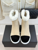 Chanel ladies beige suede ankle boots with black suede instep and white platform sole