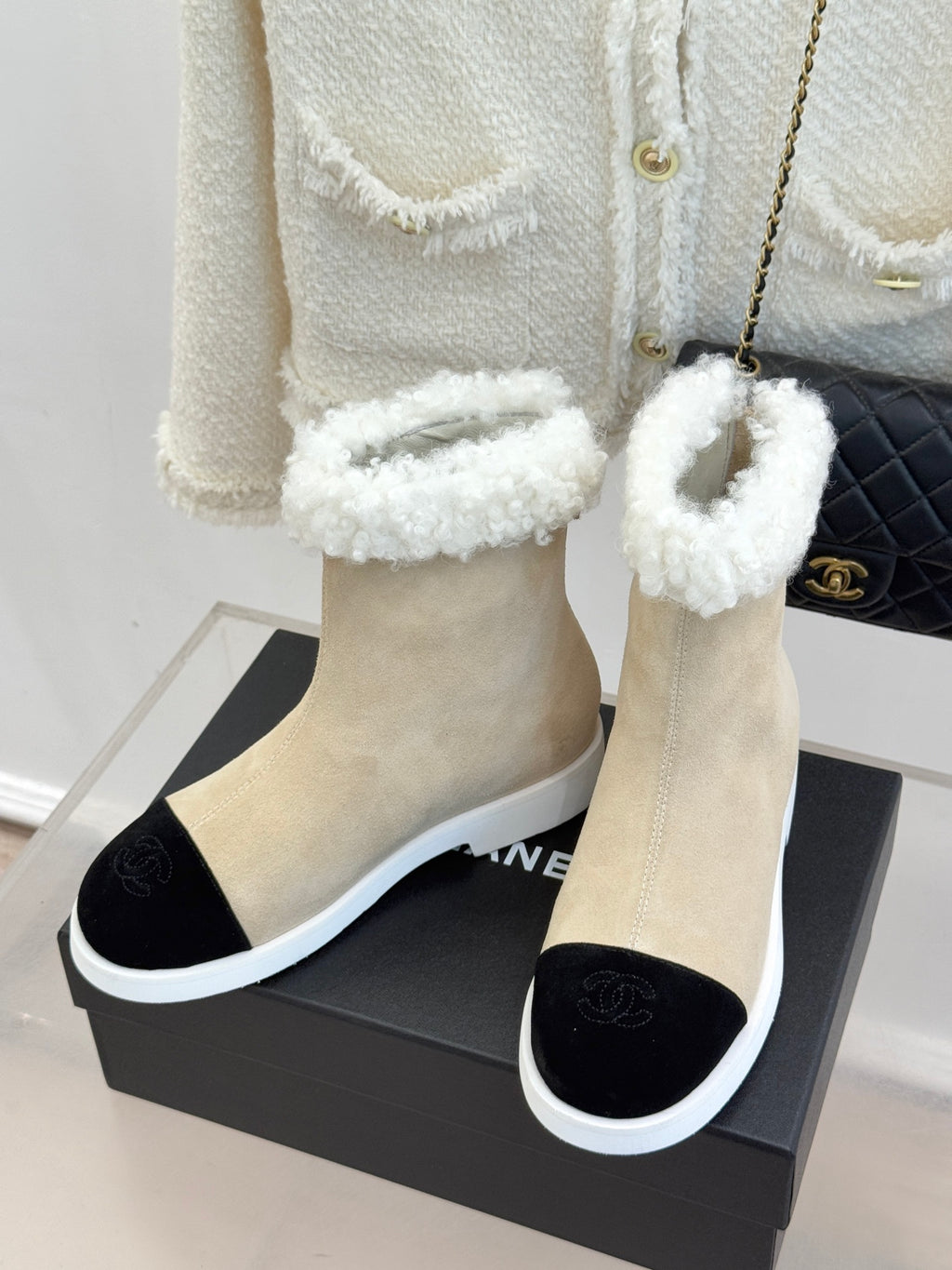 Chanel ladies beige suede ankle boots with black side inserts and fuzzy cuff