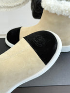 Chanel ladies beige suede slip-on ankle boot with black suede toe panel