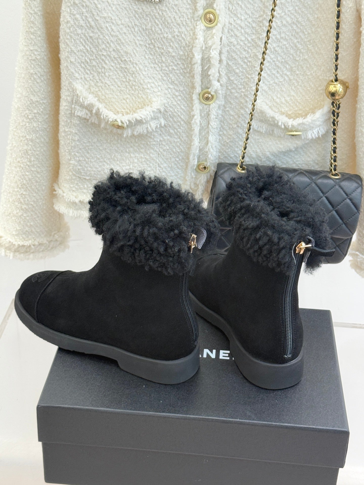 Black suede ankle boots with faux-fur cuffs and zipper closure