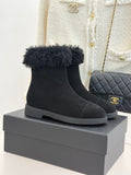 Black suede ankle boots with fluffy cuff and chunky rubber sole