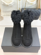 Pair of black suede ankle boots with faux-fur cuff detail and rubber sole