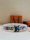 Louis Vuitton belt with white strap, multicolor graphic print, and black LV buckle