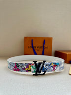 Louis Vuitton belt with white strap, multicolor graphic print, and black LV buckle
