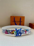 Louis Vuitton belt with multicolor comic print strap, white leather, blue LV buckle